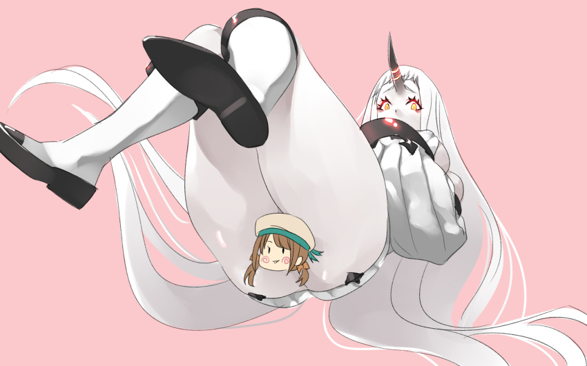 1girl absurdly_long_hair ass censored error_musume fairy_(kantai_collection) from_below girl_holding_a_cat_(kantai_collection) highres horn kantai_collection knees_together_feet_apart legs long_hair long_sleeves looking_at_viewer looking_down meranie novelty_censor pink_background seaport_hime shinkaisei-kan simple_background sitting solo very_long_hair white_hair white_skin yellow_eyes
