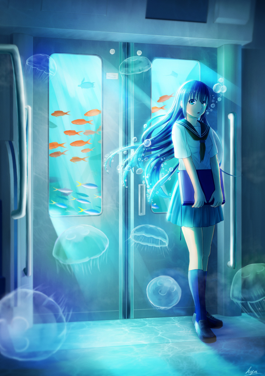 1girl absurdres aqua_eyes blue_hair blue_legwear bubble fish highres jellyfish kyu_(wein-seria) neckerchief ocean original school_uniform serafuku solo underwater