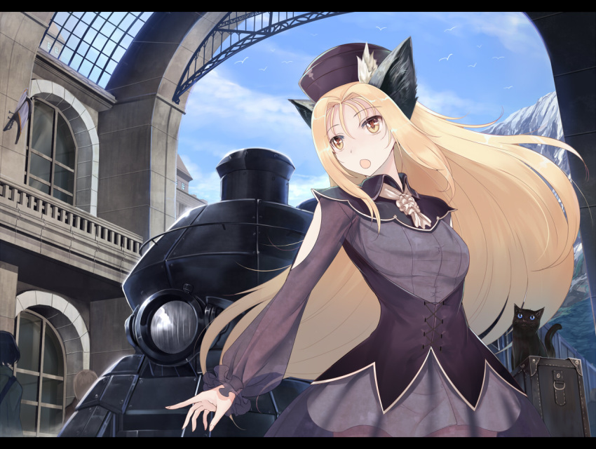 1girl animal animal_ears blonde_hair cat cat_ears hat luggage open_mouth original people slit_pupils solo_focus sts train yellow_eyes