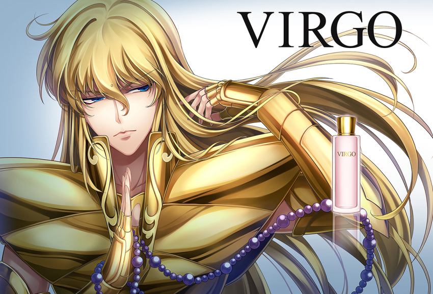 1boy androgynous armor blonde_hair blue_eyes bottle full_armor long_hair male_focus perfume_bottle rosary saint_seiya solo virgo_shaka yonakaforever