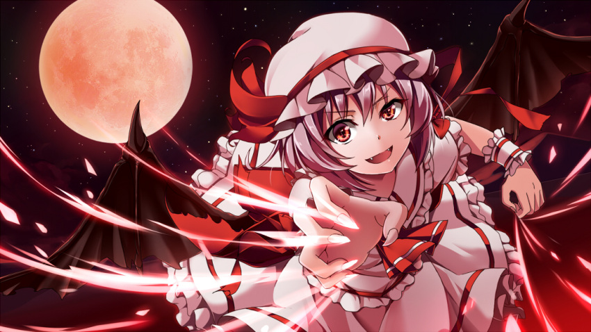 1girl bat_wings cravat fangs fingernails full_moon hat hat_ribbon lavender_hair light_trail looking_at_viewer mizinkoex mob_cap moon night open_mouth outdoors reaching_out red_eyes red_moon remilia_scarlet ribbon sharp_fingernails short_hair short_sleeves skirt skirt_set solo star_(sky) touhou wings wrist_cuffs