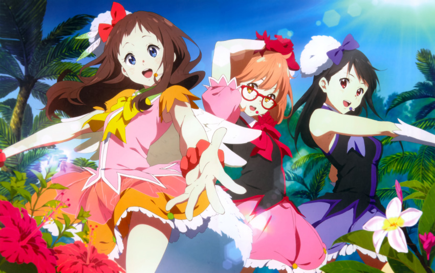 3girls :d absurdres blue_eyes brown_eyes brown_hair glasses headset highres idol kuriyama_mirai kyoukai_no_kanata multiple_girls nakahara_kouhei nase_mitsuki official_art open_mouth red-framed_glasses shindou_ai smile textless