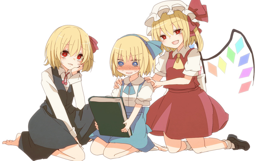3girls alice_margatroid alice_margatroid_(pc-98) aoi_(annbi) ascot barefoot black_dress blush book dress fang flandre_scarlet hair_ribbon hands_on_another's_shoulders kneeling mob_cap multiple_girls open_mouth puffy_short_sleeves puffy_sleeves red_dress red_eyes ribbon rumia shaded_face shirt short_sleeves sitting smile sweat touhou touhou_(pc-98) wariza wings