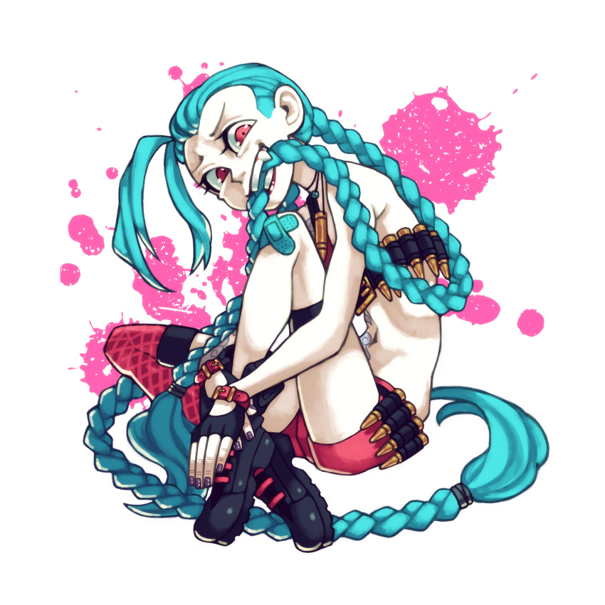 1girl bandaid bandaid_on_knee bandolier blue_hair boots braid bullet combat_boots fingerless_gloves flat_chest forehead gloves grin hair_in_mouth highres jewelry jinx_(league_of_legends) league_of_legends long_hair looking_at_viewer nail_polish nappooz necklace paint_splatter purple_nails red_eyes smile solo stomach twin_braids very_long_hair white_background