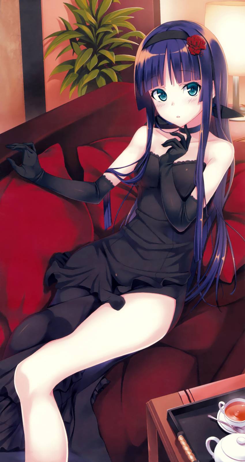 1girl bangs bare_shoulders black_dress black_gloves blue_eyes blue_hair blunt_bangs blush bow choker dress elbow_gloves flower gin_(ginshari) gloves hair_bow hair_flower hair_ornament hairband hand_to_own_mouth highres long_hair lying parted_lips payot scan side_slit solo strapless_dress tea tray