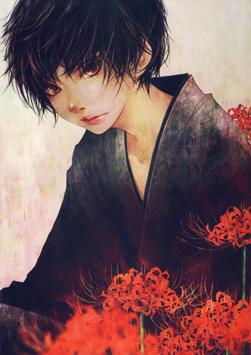 1boy absurdres black_hair brown_eyes enta_shiho flower highres japanese_clothes kimono original red_flower short_hair spider_lily