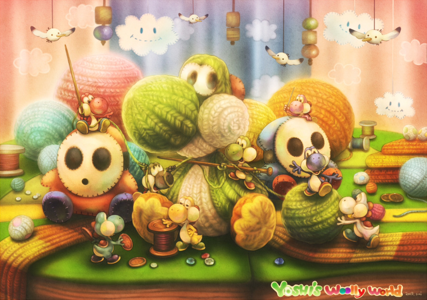2015 artist_name bird buttons clouds colorful copyright_name highres holding knitting_needle needle no_humans pointing shy_guy sitting spool standing stitches sui_(petit_comet) thread wool yarn yarnball yoshi yoshi's_woolly_world