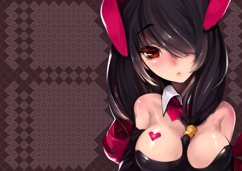1girl absurdres alternate_costume alternate_hairstyle bangs black_clothes black_hair breasts cleavage colored_eyelashes date_a_live hair_between_breasts hair_over_one_eye highres large_breasts long_hair looking_at_viewer pouty_lips red_eyes solo swept_bangs tokisaki_kurumi yoyo2doggness