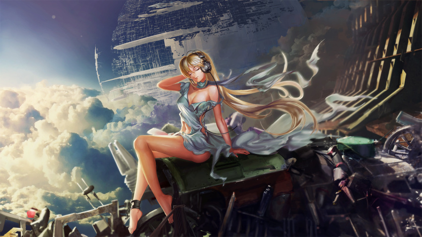 1girl anklet barefoot blonde_hair breasts cleavage dress headphones highres jewelry long_hair original ruins solo torn_clothes ushas