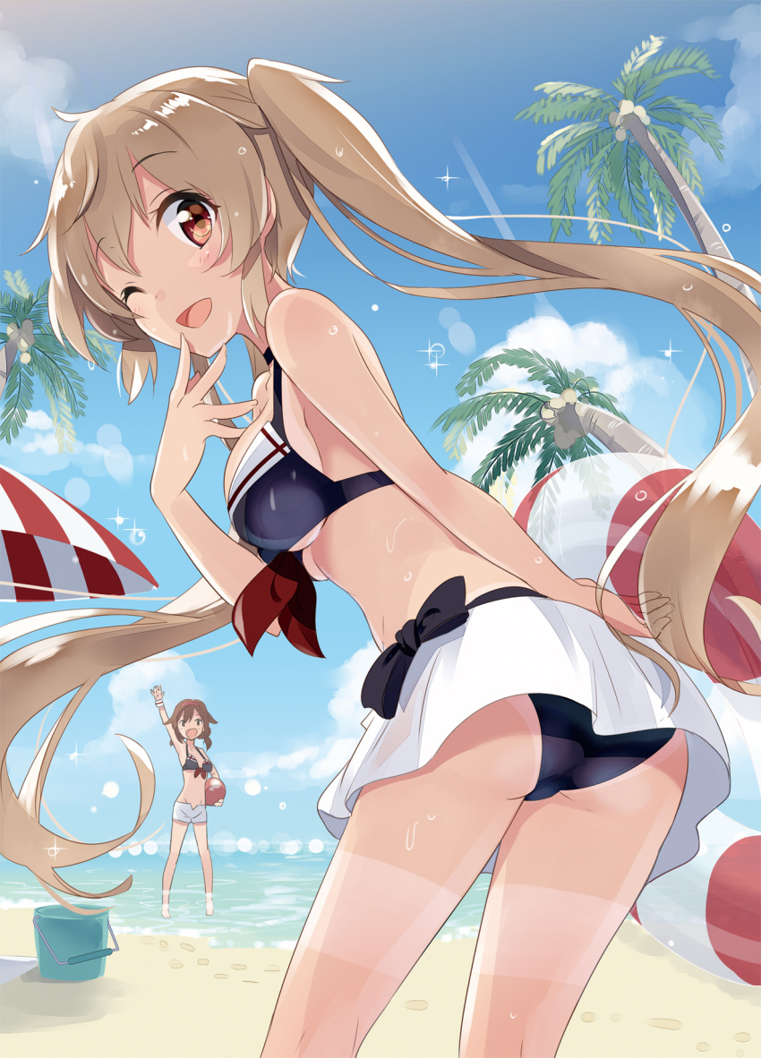 2girls ;) ;d ayuya_naka_no_hito ball beach beachball bikini brown_hair bucket hairband highres innertube kantai_collection long_hair multiple_girls murasame_(kantai_collection) one_eye_closed open_mouth palm_tree parasol shiratsuyu_(kantai_collection) short_hair smile sparkle swimsuit tree twintails umbrella water wristband