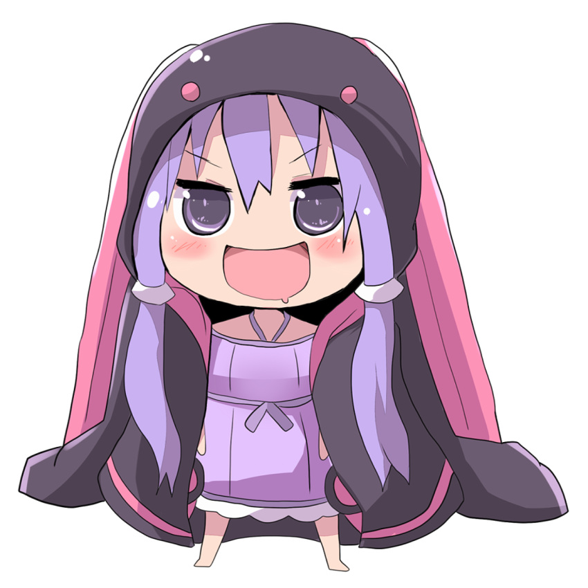 1girl alternate_costume chibi doma_umaru hair_ornament highres himouto!_umaru-chan hood kuromu_(underporno) long_hair looking_at_viewer open_mouth parody purple_hair saliva twintails violet_eyes vocaloid yuzuki_yukari