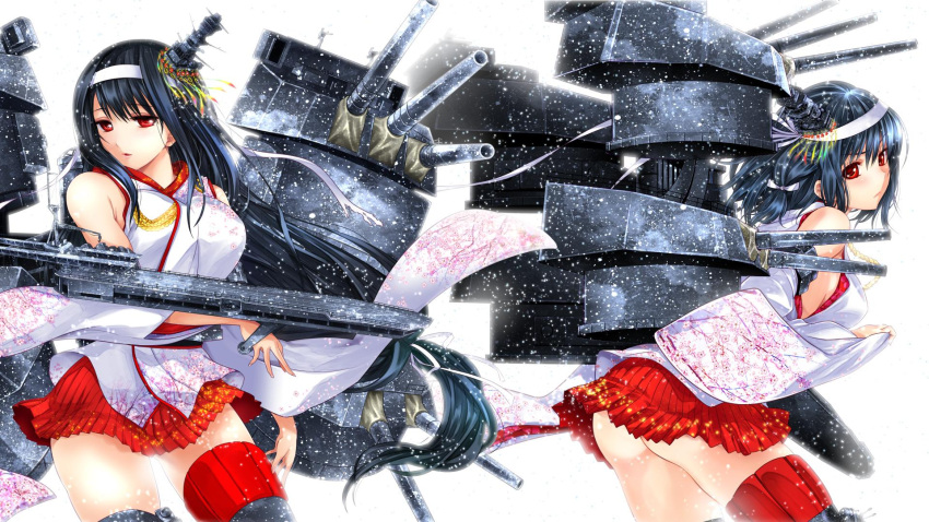 2girls ass black_hair cannon detached_sleeves epaulettes flight_deck floral_print fusou_(kantai_collection) hair_ornament headband highres kantai_collection long_hair machinery multiple_girls nontraditional_miko pleated_skirt red_eyes remodel_(kantai_collection) short_hair skirt sumeragi_hamao thigh-highs turret yamashiro_(kantai_collection)
