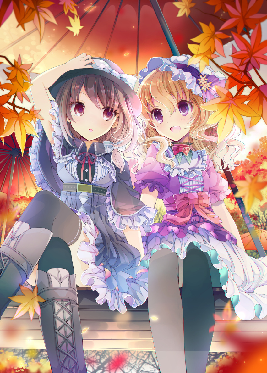 2girls absurdres alternate_costume arm_up belt black_legwear blonde_hair blurry blush boots bow brown_eyes brown_hair capelet cross-laced_footwear crossed_legs dress frills fruit_punch hair_bow hair_ornament hat hat_ribbon highres lace-up_boots layered_dress leaf looking_at_another maple_leaf maribel_hearn mob_cap multiple_girls open_mouth oriental_umbrella pantyhose puffy_sleeves ribbon sash short_hair short_sleeves sitting smile thigh-highs touhou umbrella usami_renko violet_eyes zettai_ryouiki
