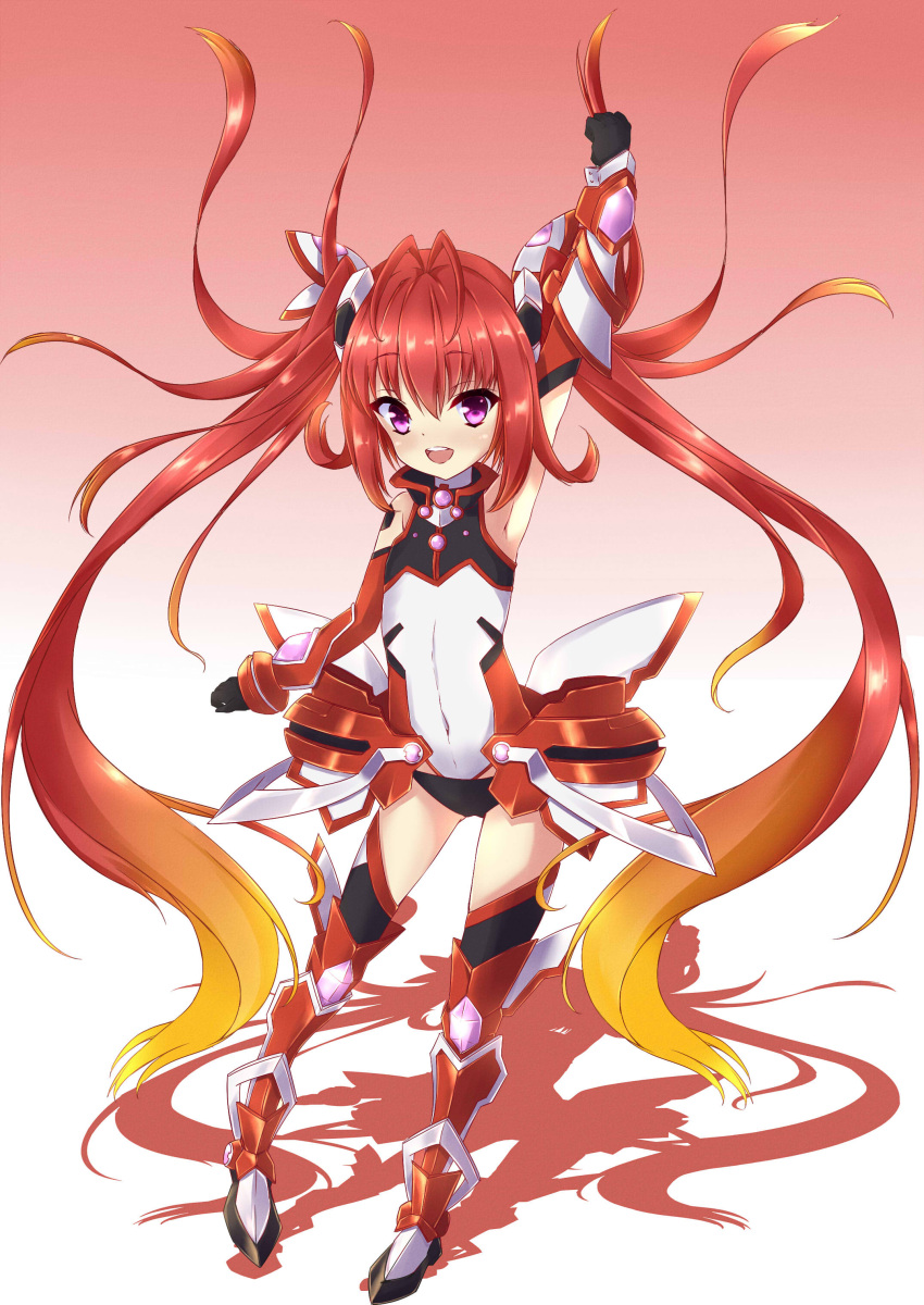 1girl :d absurdres arm_up armor armpits clenched_hand detached_sleeves gloves highres leg_armor long_hair open_mouth ore_twintail_ni_narimasu raonnoy redhead shadow skin_tight smile solo tailred teeth twintails very_long_hair violet_eyes