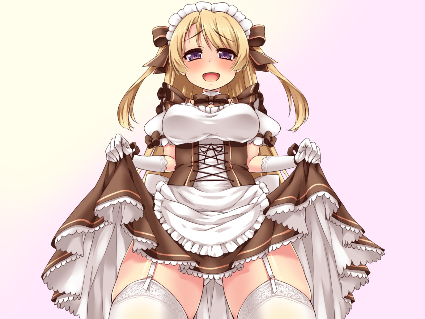 1girl apron blonde_hair breasts esoragoto garter_straps gloves hair_ribbon highres large_breasts long_hair looking_at_viewer maid maid_headdress open_mouth original panties ribbon short_sleeves simple_background skirt skirt_lift smile solo thigh-highs underwear violet_eyes waist_apron white_gloves white_legwear white_panties