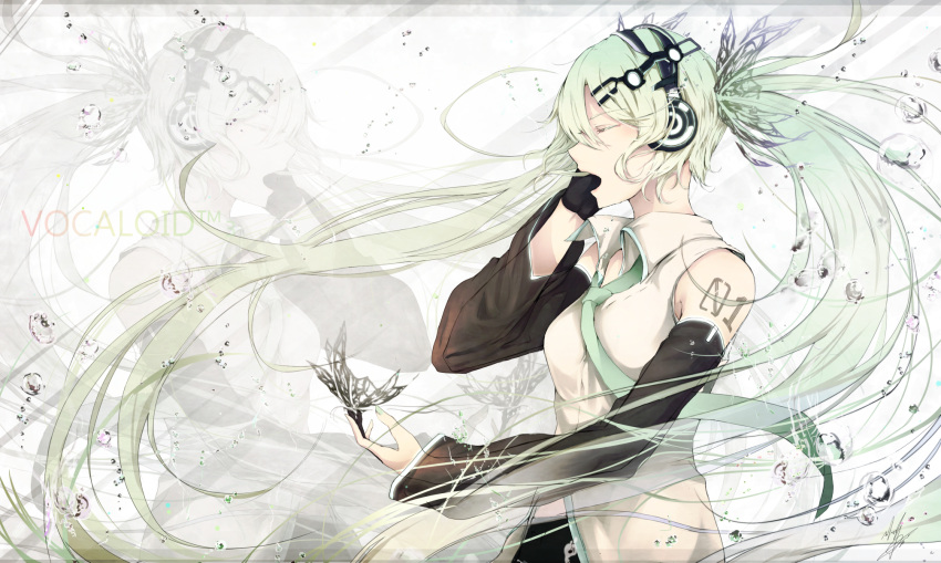 1girl butterfly closed_eyes copyright_name detached_sleeves green_hair hand_on_headphones hatsune_miku headphones highres long_hair marumoru mirrored open_mouth singing solo tattoo vocaloid zoom_layer