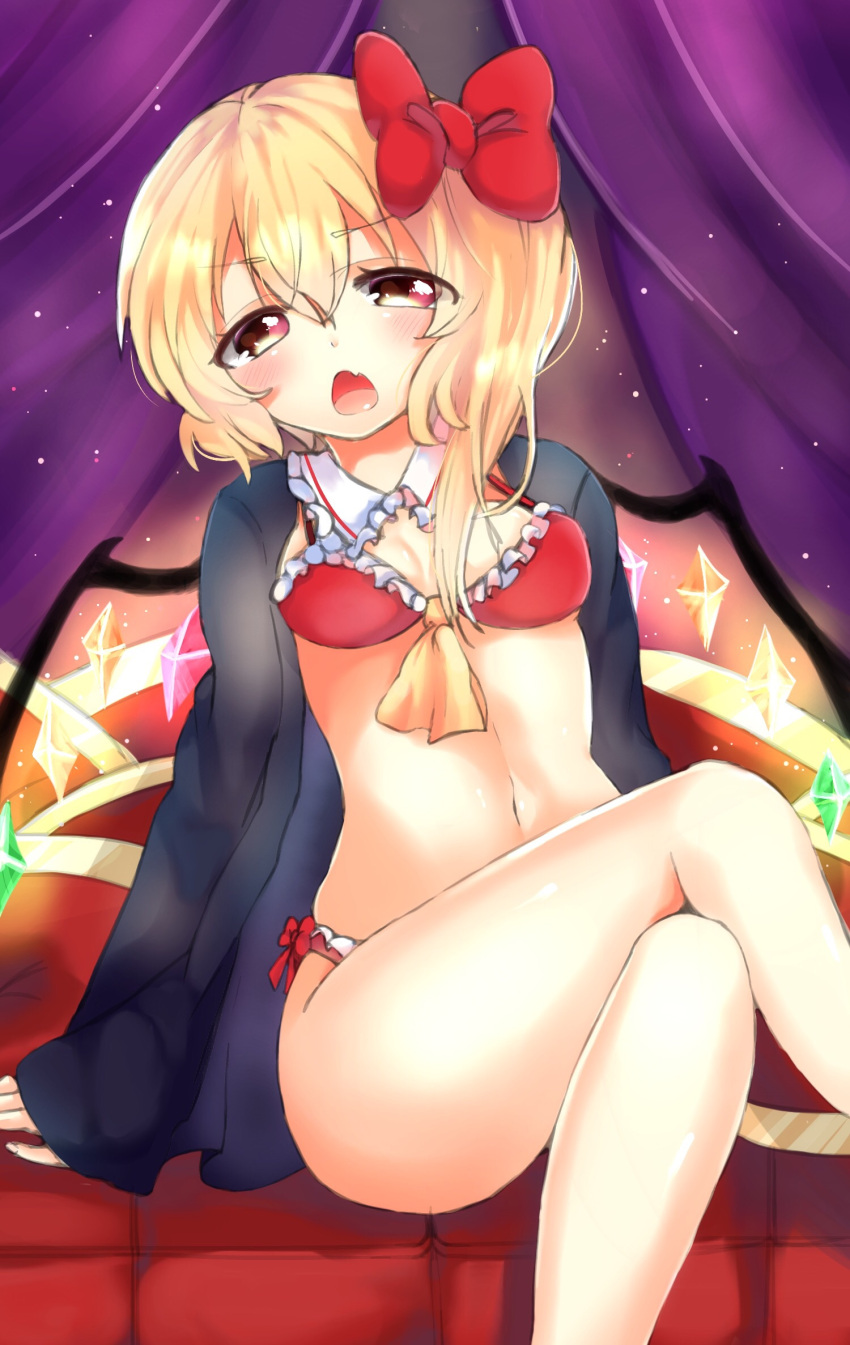 1girl alternate_costume arm_support asymmetrical_hair asymmetrical_wings blonde_hair blush breasts couch crossed_legs curtains eyes_visible_through_hair fang flandre_scarlet hair_ribbon highres jacket legs looking_at_viewer ma-a midriff navel open_clothes open_jacket red_eyes red_swimsuit ribbon side_ponytail sitting small_breasts swimsuit thighs touhou wings