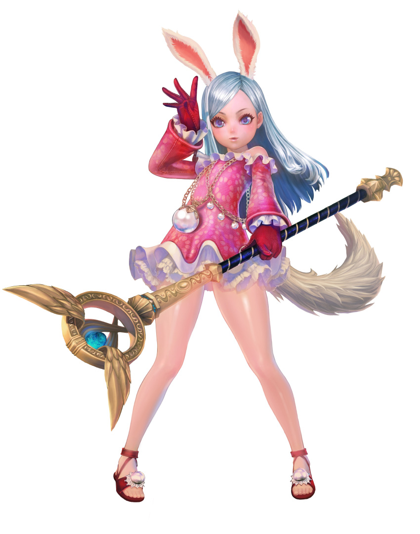 absurdres animal_ears arm_up artist_request bare_shoulders blue_eyes blue_hair dog_tail dress elin_(tera) gem gloves highres jewelry legs lips long_hair necklace official_art rabbit_ears sandals short_dress simple_background smile symbol-shaped_pupils tail tera_online wand weapon white_background