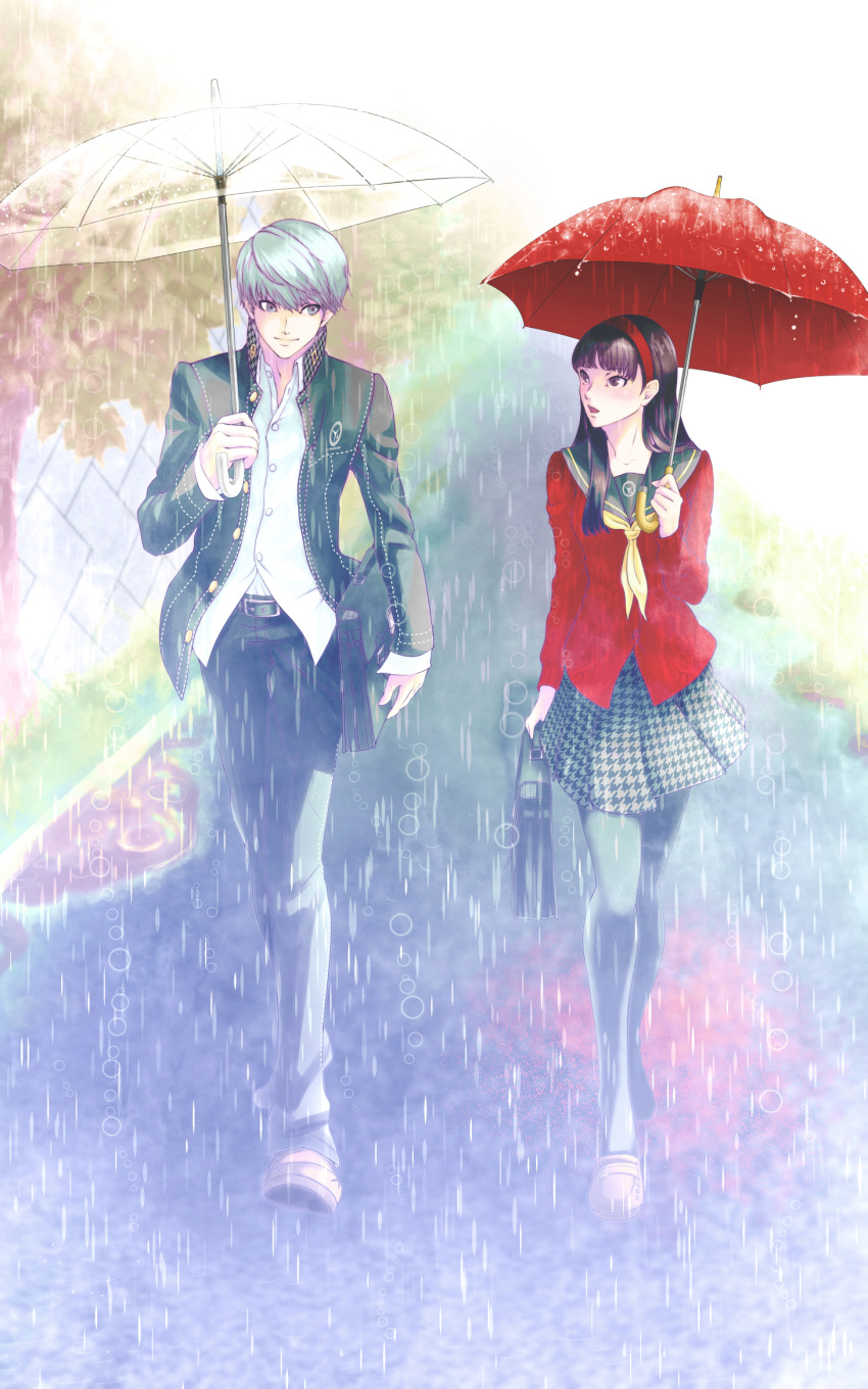 1boy 1girl amagi_yukiko black_hair book_bag highres hime_cut jacket narukami_yuu open_clothes open_collar open_jacket persona persona_4 plaid plaid_skirt puddle rain road sailor_collar school_uniform short_hair silver_hair skirt street umbrella walking water