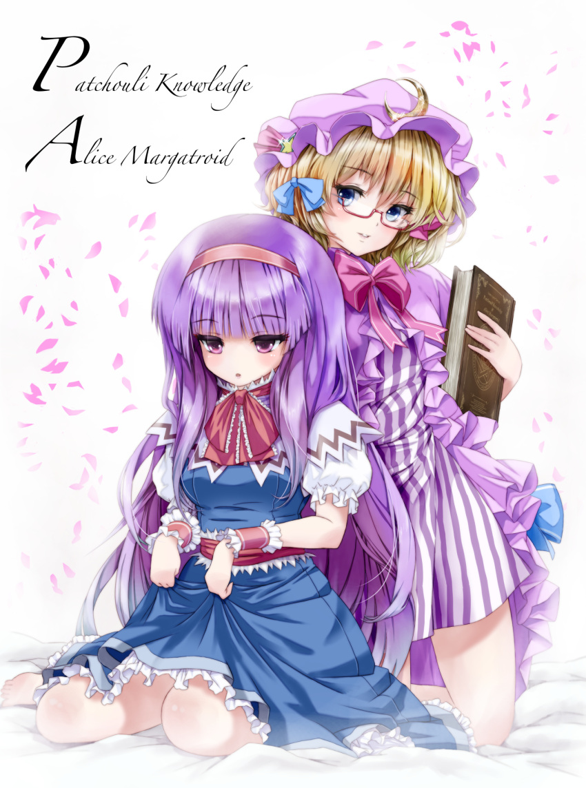2girls :o alice_margatroid alice_margatroid_(cosplay) blonde_hair blue_eyes bonnet book bow character_name cosplay costume_switch crescent dress dress_lift frills glasses hair_ribbon hairband highres kneeling long_hair multiple_girls parted_lips patchouli_knowledge patchouli_knowledge_(cosplay) purple_hair red-framed_glasses ribbon semi-rimless_glasses short_hair sitting touhou under-rim_glasses urufu vertical-striped_dress vertical_stripes violet_eyes wariza