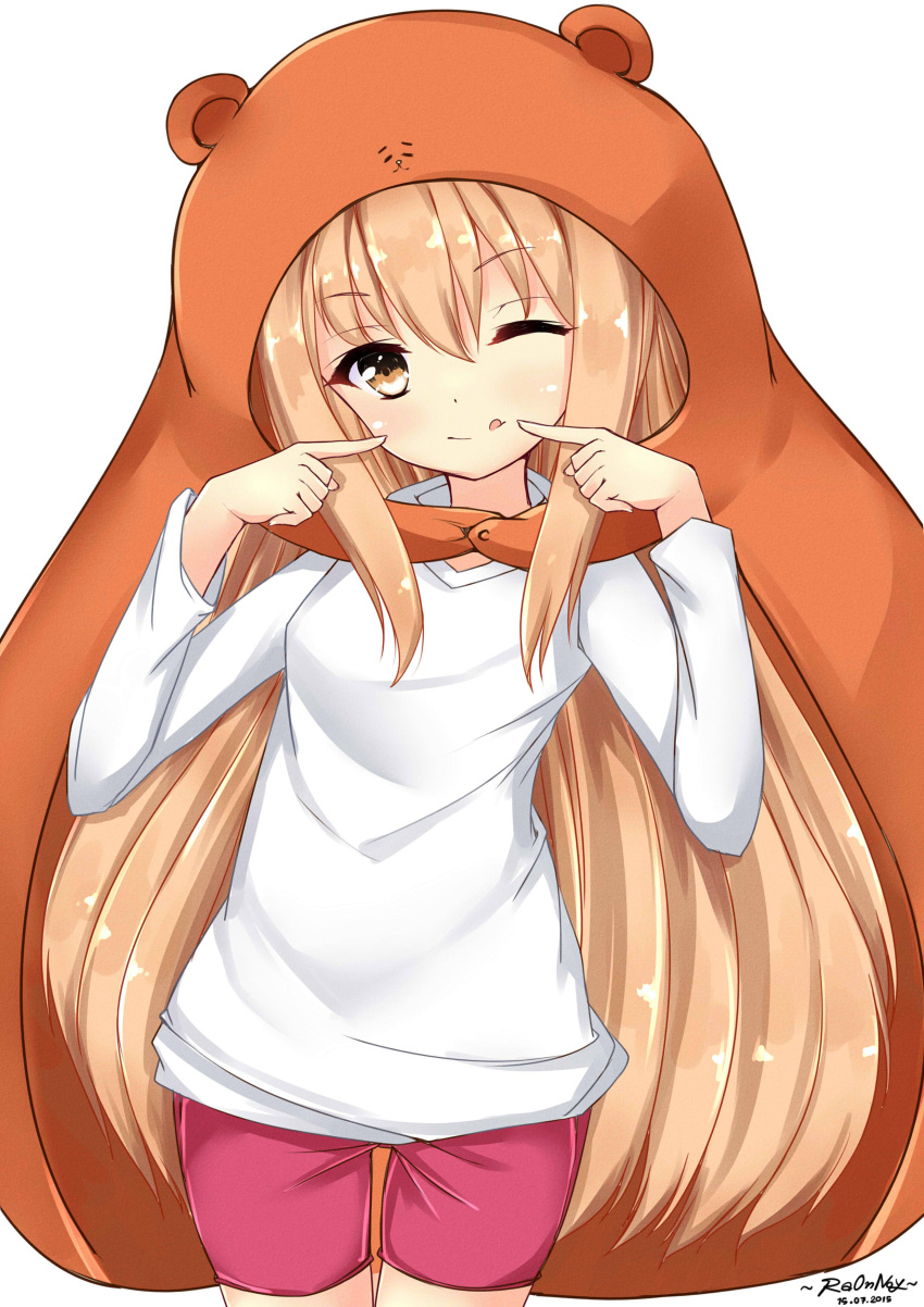 1girl ;q absurdres artist_name blonde_hair brown_eyes dated doma_umaru hamster_costume highres himouto!_umaru-chan long_hair looking_at_viewer one_eye_closed pointing pointing_at_self pose raonnoy shorts solo tongue tongue_out