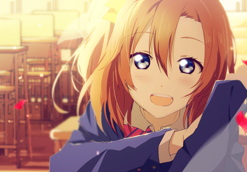 1girl blue_eyes blush chair classroom desk kousaka_honoka looking_at_viewer love_live!_school_idol_project open_mouth orange_hair petals school_desk school_uniform short_hair side_ponytail smile solo yuuki_sawano