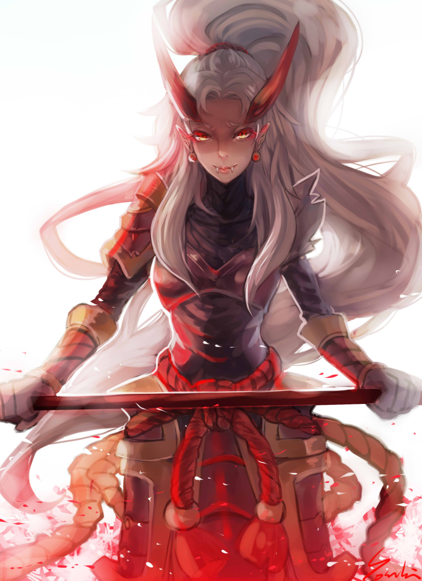 1girl absurdres alternate_costume armor fang_out fangs full_armor highres horns kalista league_of_legends long_hair looking_at_viewer polearm ponytail red_eyes smile solo spear weapon white_hair yosuki_(yo_sukan)