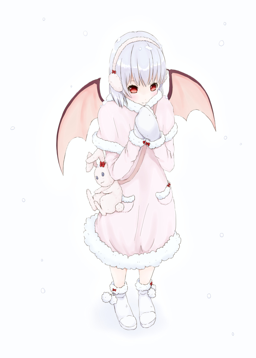 1girl :3 alternate_costume bat_wings blue_hair blush boots bow coat earmuffs from_above hands_together hands_up highres looking_down mittens pink_clothes red_eyes remilia_scarlet schnee short_hair slit_pupils smile snow snow_boots snowing solo stuffed_animal stuffed_bunny stuffed_toy touhou white_boots wings winter_clothes winter_coat