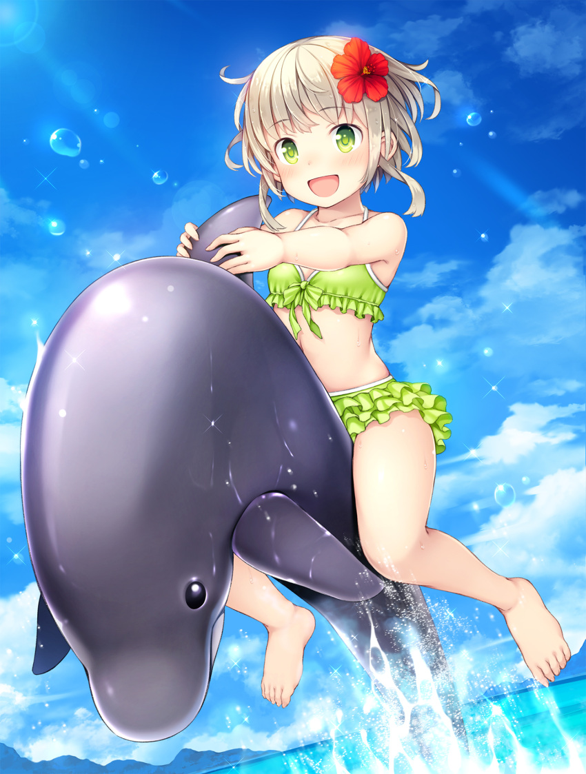 1girl bare_legs bare_shoulders barefoot beach blonde_hair blush dolphin flower green_eyes hair_flower hair_ornament highres momoiro_taisen_pairon namaru_(summer_dandy) original short_hair smile solo swimsuit water