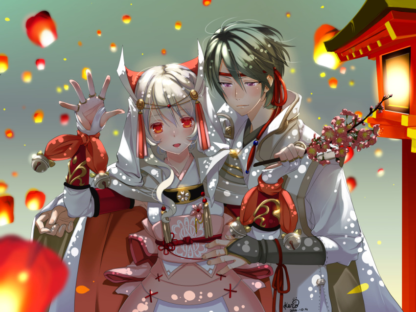 1boy 1girl alternate_costume blurry blush circlet dated depth_of_field female_my_unit_(fire_emblem_if) fingerless_gloves fire_emblem fire_emblem_if gloves green_hair hair_between_eyes hand_on_another's_hip japanese_clothes kero_sweet kimono lantern long_hair my_unit_(fire_emblem_if) paper_lantern red_eyes short_hair signature silver_hair sky_lantern smile suzukaze_(fire_emblem_if) violet_eyes