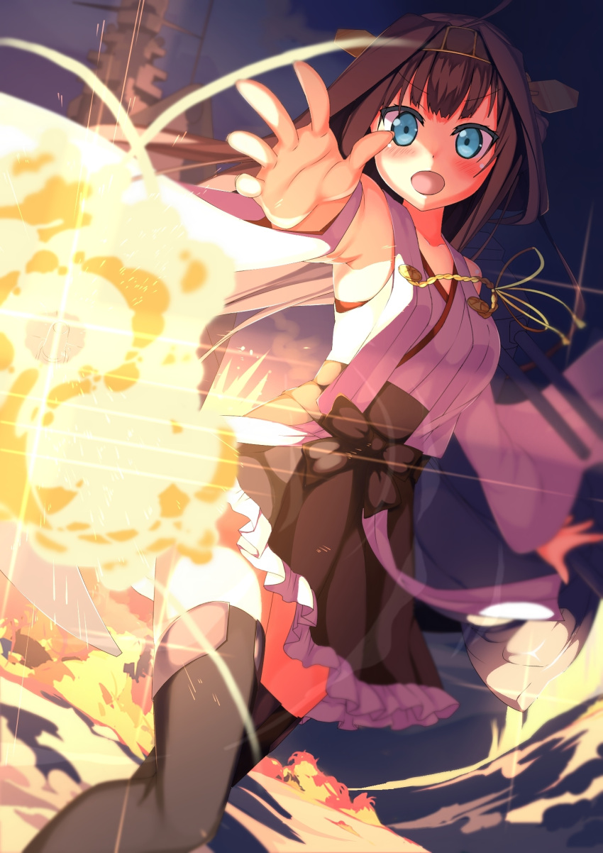 1girl blue_eyes brown_hair explosion firing_at_viewer highres kantai_collection kawai_(purplrpouni) kongou_(kantai_collection) looking_at_viewer night nontraditional_miko open_mouth outstretched_arm outstretched_hand solo thigh-highs zettai_ryouiki