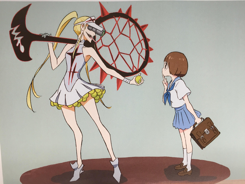 2girls absurdres bag ball blonde_hair bob_cut brown_hair hakodate_omiko highres kill_la_kill long_hair mankanshoku_mako multiple_girls official_art racket school_uniform scope serafuku sharp_teeth short_hair skirt sportswear sushio tennis_ball tennis_racket tennis_uniform tongue tongue_out twintails visor_cap