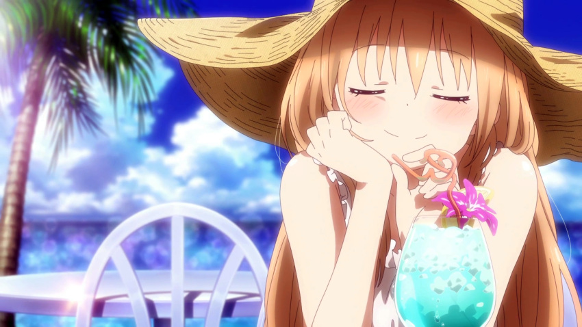 bare_shoulders blush chair closed_eyes clouds cocktail cocktail_glass doma_umaru drinking_straw flower hat highres himouto!_umaru-chan ice_cube light_brown_hair long_hair ocean palm_tree screencap sleeveless smile straw_hat table tree