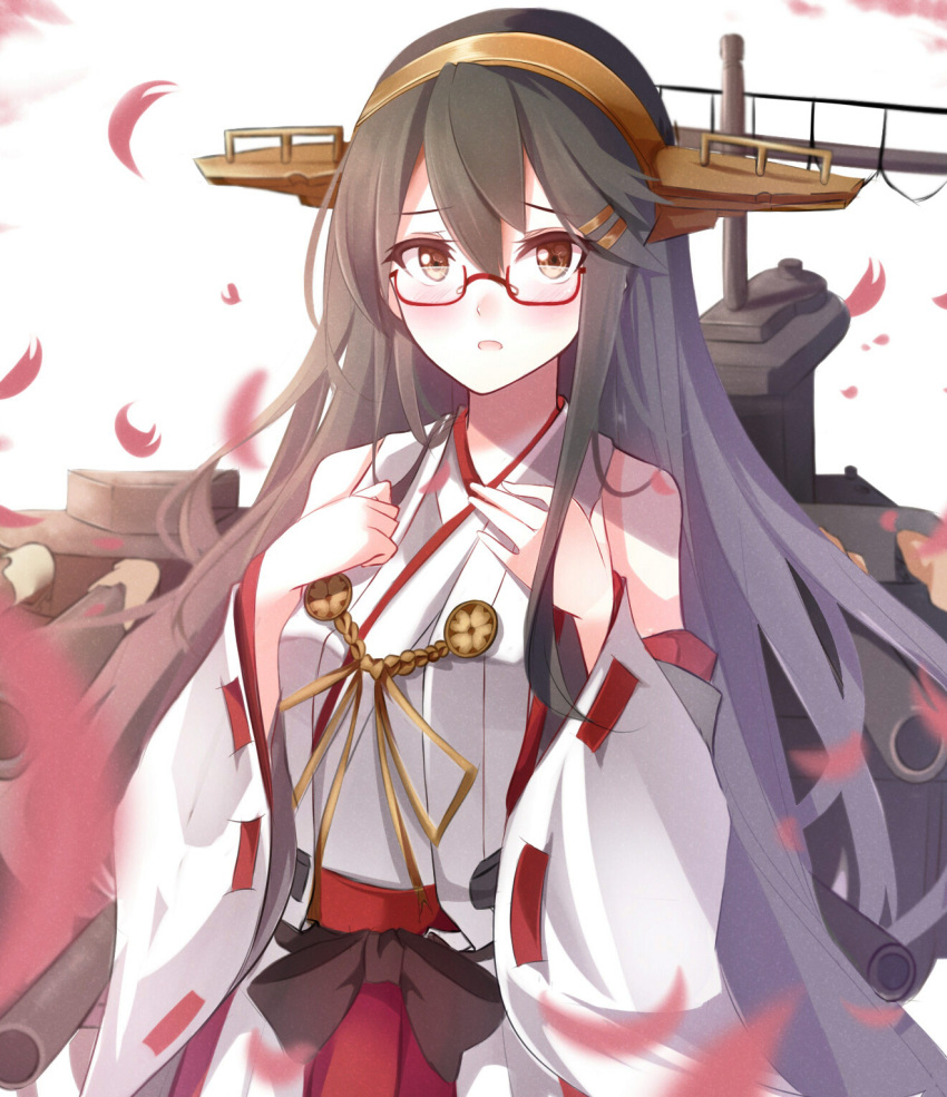 1girl bare_shoulders bespectacled black_hair blush brown_eyes cowboy_shot glasses hair_ornament hairband hairclip hands_on_own_chest haruna_(kantai_collection) headgear highres kantai_collection looking_at_viewer machinery nontraditional_miko open_mouth petals remodel_(kantai_collection) shiguru solo
