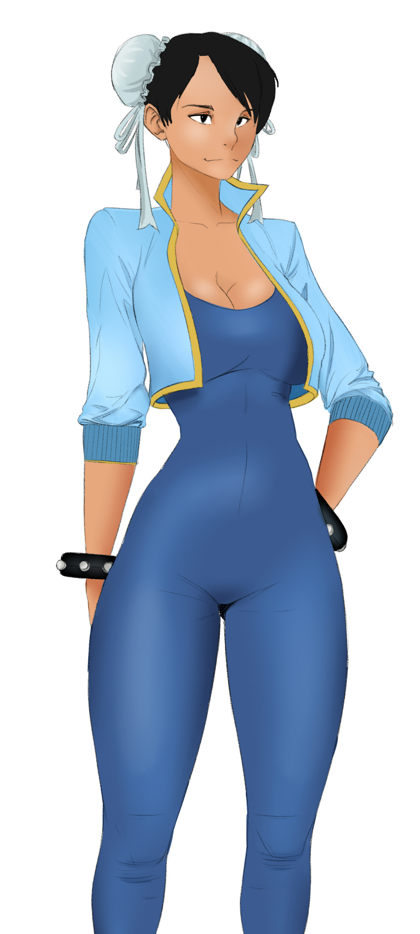 1girl absurdres adapted_costume black_hair bodysuit boogy_(mnmnjuguna) breasts bun_cover chun-li cleavage double_bun highres large_breasts nose open_clothes open_vest short_hair short_sleeves solo street_fighter street_fighter_zero vest
