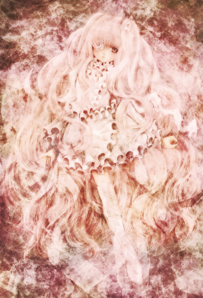 absurdly_long_hair bebitera boots cross-laced_footwear dress expressionless eyepatch flower frilled_dress frills gradient gradient_background hair_flower hair_ornament highres kirakishou knee_boots long_hair long_sleeves looking_at_viewer red_eyes rose rozen_maiden twintails very_long_hair white_hair white_rose