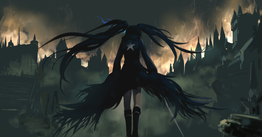 1girl black_hair black_rock_shooter black_rock_shooter_(character) bloodborne boots city glowing highres otaku_(artist) solo twintails