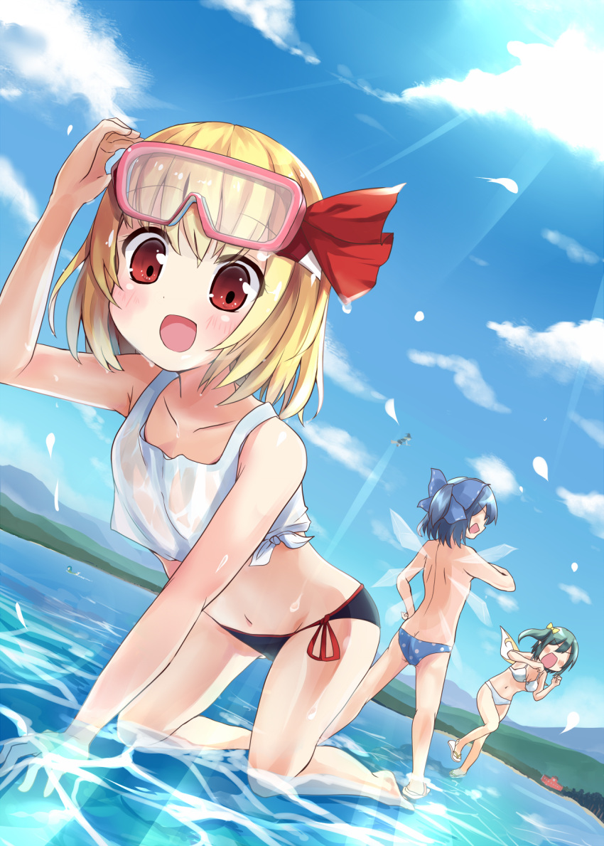 3girls bikini bikini_bottom blonde_hair blue_eyes blue_hair blush bow breasts cirno cleavage daiyousei diving_mask diving_mask_on_head fairy_wings green_hair hair_bow hair_ribbon highres ice ice_wings long_hair looking_at_viewer multiple_girls open_mouth red_eyes ribbon rumia short_hair side_ponytail smile soramuko swimsuit topless touhou wings