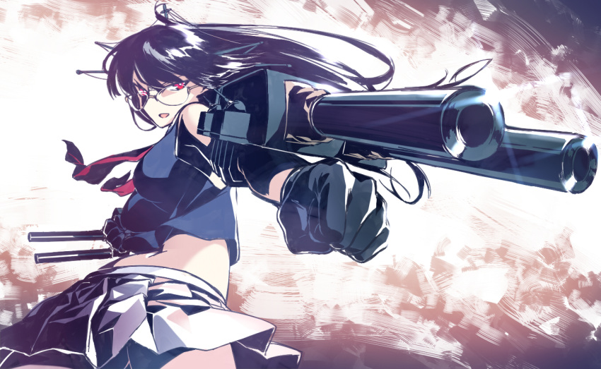 1girl bare_shoulders black_gloves black_hair blew_andwhite breasts cannon choukai_(kantai_collection) glasses gloves hair_ornament headgear kantai_collection long_hair midriff perspective pleated_skirt pointing pointing_at_viewer red_eyes rimless_glasses school_uniform skirt solo