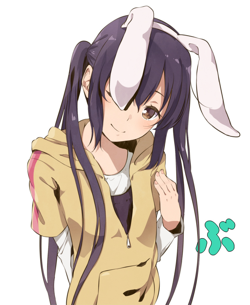 1girl animal_ears black_hair brown_eyes haine highres hoodie k-on! long_hair nakano_azusa one_eye_closed rabbit_ears solo twintails