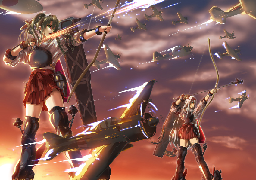 2girls absurdres airplane akamiho bow_(weapon) brown_eyes clouds firing green_eyes green_hair highres kantai_collection long_hair multiple_girls muneate open_mouth pleated_skirt red_skirt shoukaku_(kantai_collection) silver_hair skirt twilight twintails weapon zuikaku_(kantai_collection)
