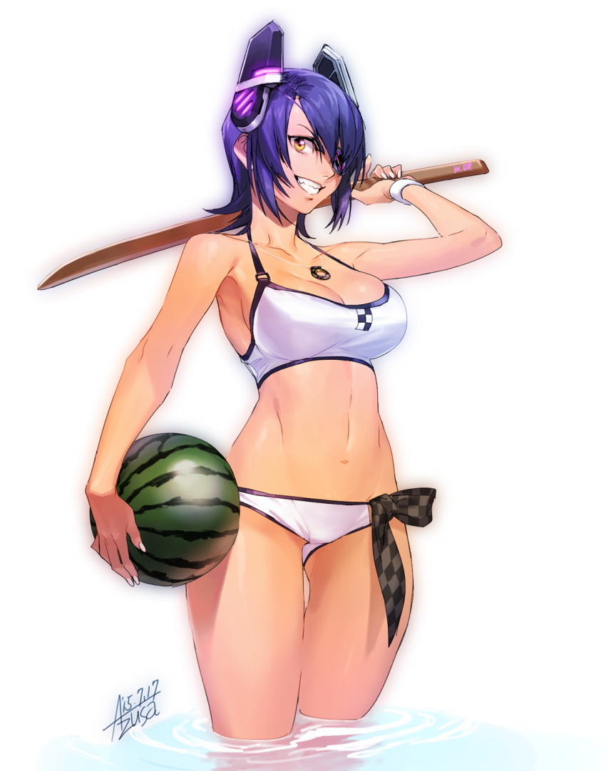 1girl azusa_(hws) bikini breasts cowboy_shot dated eyepatch food fruit hair_over_one_eye headgear highres jewelry kantai_collection navel necklace purple_hair short_hair signature simple_background smile solo swimsuit tenryuu_(kantai_collection) water watermelon white_background white_bikini white_swimsuit wooden_sword yellow_eyes