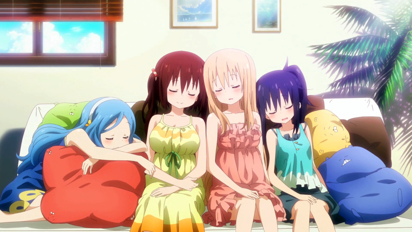 4girls :3 blinds blue_hair blush breasts closed_eyes closed_mouth clouds collarbone couch doma_umaru dress ebina_nana frilled_dress frills hair_ornament hat head_to_head headband highres himouto!_umaru-chan large_breasts leaning_on_person long_hair motoba_kirie multiple_girls open_mouth palm_tree photo_(object) pillow purple_hair screencap side_ponytail sitting sleeping sleeping_on_person smile stitched strapless_dress straw_hat tachibana_sylphynford tree very_long_hair window