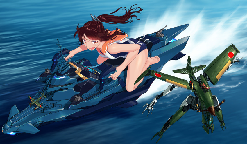 1girl aichi_m6a_seiran aircraft bare_legs barefoot blew_andwhite brown_eyes brown_hair engrish hair_ornament highres i-401_(kantai_collection) jet_ski kantai_collection long_hair mecha open_mouth ponytail ranguage revision school_swimsuit school_uniform serafuku smile solo swimsuit swimsuit_under_clothes textless vic_viper_(z.o.e) water