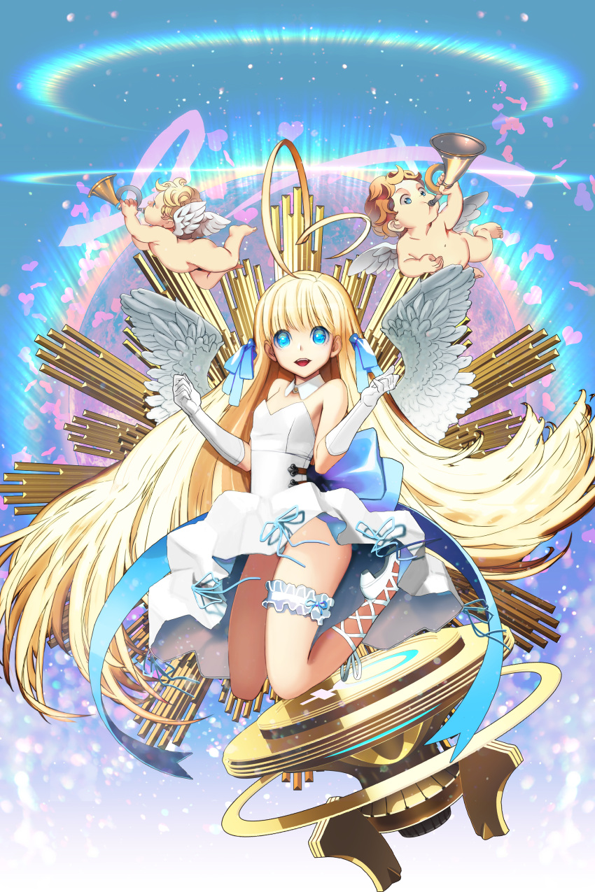 1girl absurdres ahoge blue_eyes bow cross-laced_footwear detached_collar dress hair_bow heart highres instrument jumping kdog leg_garter long_hair looking_at_viewer official_art open_mouth panties pantyshot qurare_magic_library ribbon underwear very_long_hair white_dress wings