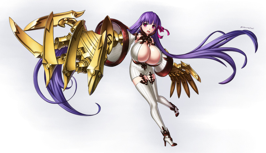 1girl bare_shoulders breasts claws cleavage cosplay detached_sleeves dress fate/extra fate/extra_ccc fate_(series) hair_ribbon highres huge_breasts isel kantai_collection long_hair looking_at_viewer open_mouth passion_lip purple_hair revealing_clothes ribbed_dress ribbed_legwear ribbon seaport_water_oni seaport_water_oni_(cosplay) short_dress solo very_long_hair violet_eyes