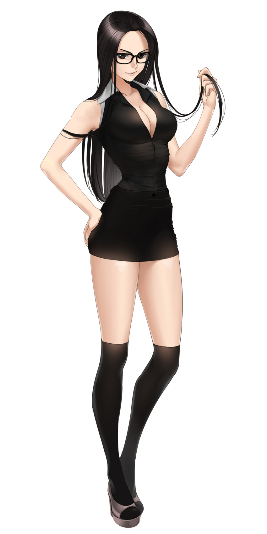 1girl absurdres aconitea black_eyes black_hair black_legwear breasts cleavage full_body glasses hand_on_hip highres long_hair looking_at_viewer miniskirt original pencil_skirt playing_with_own_hair skirt sleeveless smile solo standing thigh-highs white_background