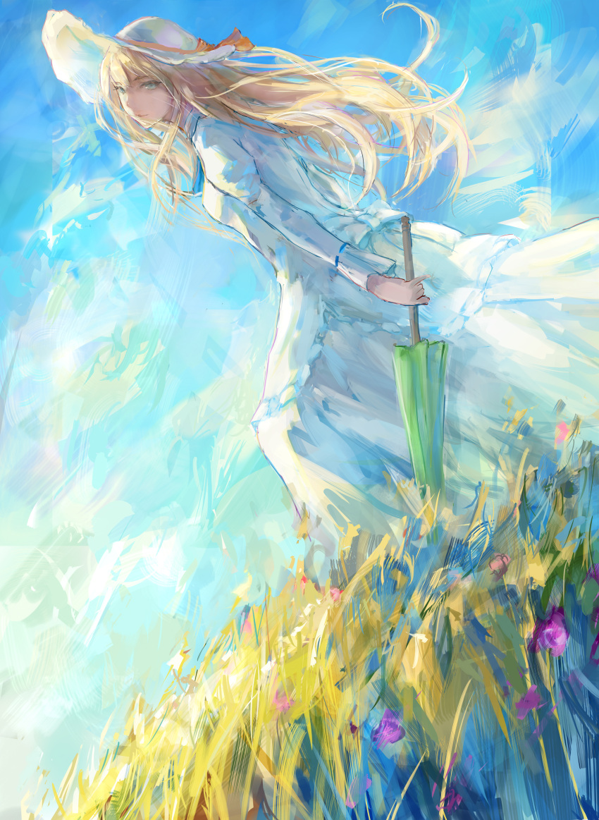 1girl absurdres aqua_eyes blonde_hair closed_umbrella clouds dress dutch_angle field flower grass hat head_tilt highres long_dress long_hair long_sleeves looking_at_viewer original sky solo sun_hat tori_(qqqt) umbrella white_dress