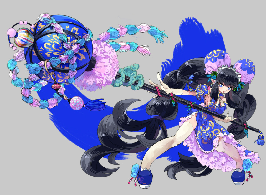 1girl \m/ aano_(10bit) black_hair blue_eyes braid breasts china_dress chinese_clothes detached_sleeves double_bun dress frilled_dress frills full_body gloves headdress holding_weapon long_hair looking_at_viewer open_mouth original pointy_ears sideboob solo thigh-highs twin_braids very_long_hair white_gloves white_legwear