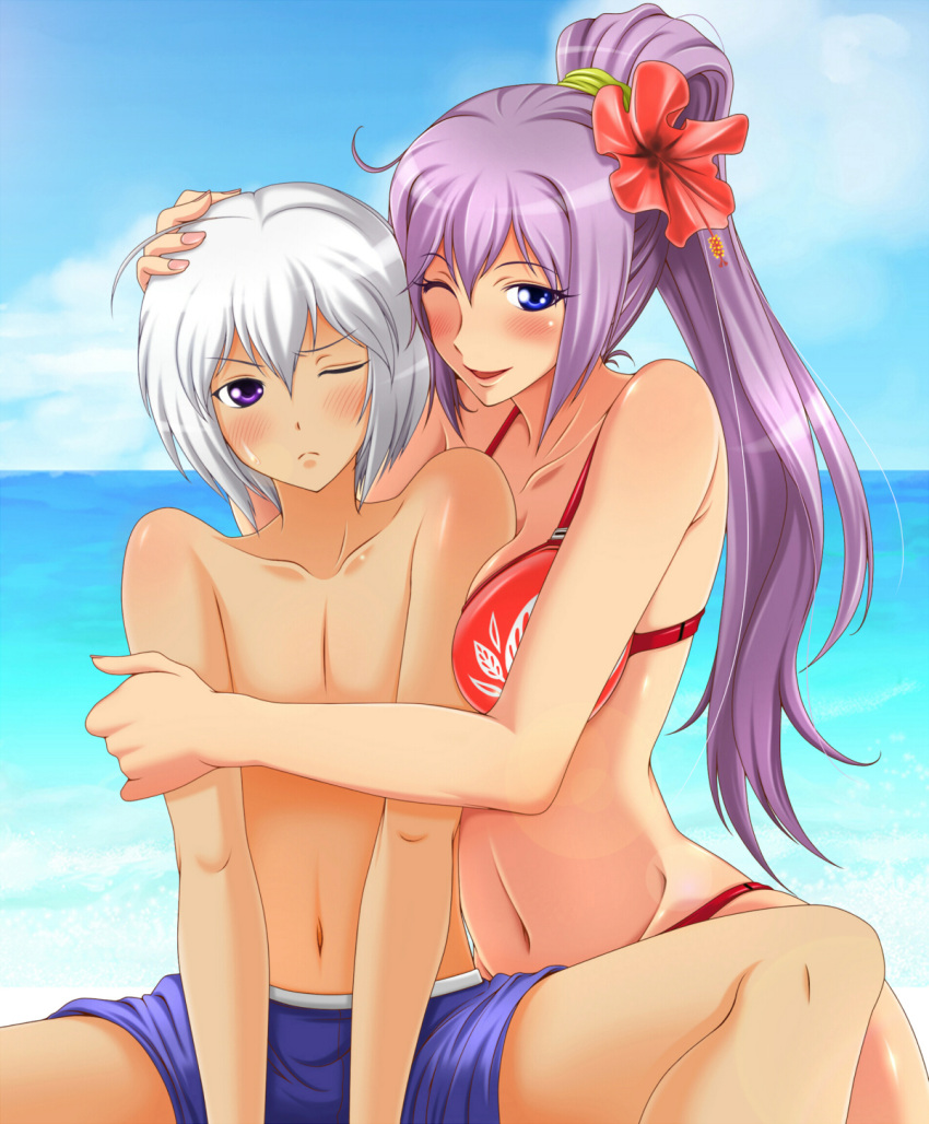 1boy 1girl bare_shoulders beach bikini blush flower groin hair_flower hair_ornament hand_on_another's_head highres j-max_japan looking_at_viewer navel ocean one_eye_closed open_mouth original ponytail smile sweat swimsuit